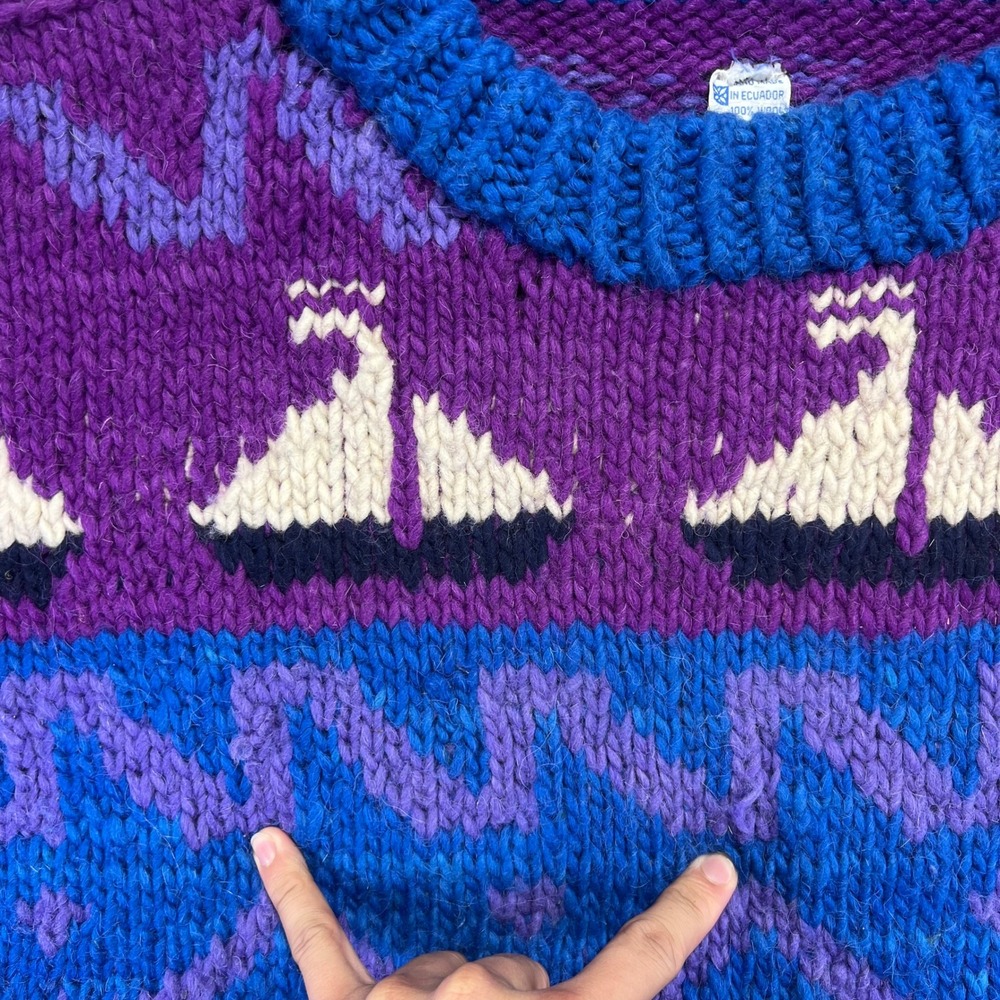 Vintage Hand Made Wool Sweater L/XL?? Sailboat Nautical Knit Blue Chunky Ecuador - Picture 4 of 16